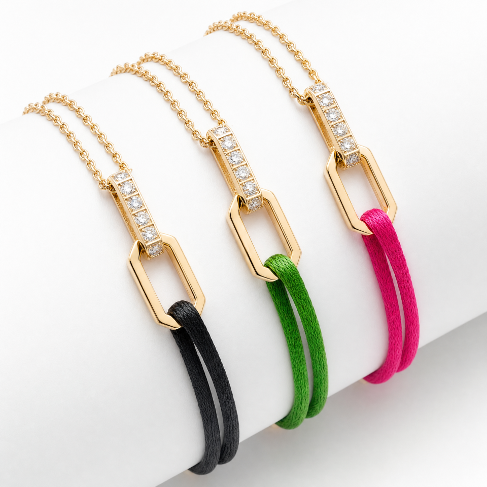 Gold Chain with Satin Lanyard Bracelet 18K Gold | Diamonds