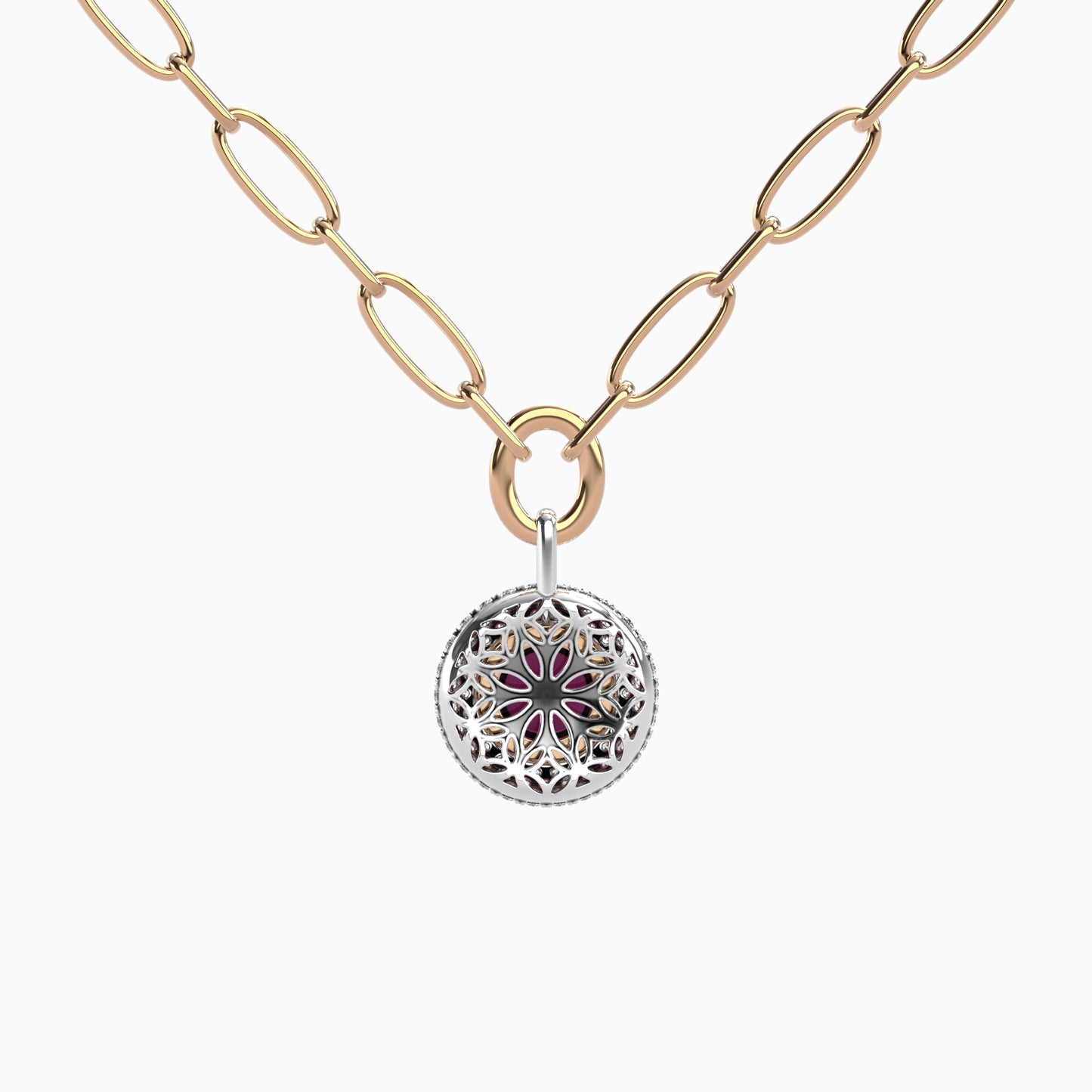 Puffed Diamond Halo Rhodolite Necklace | 18K Gold and Platinum