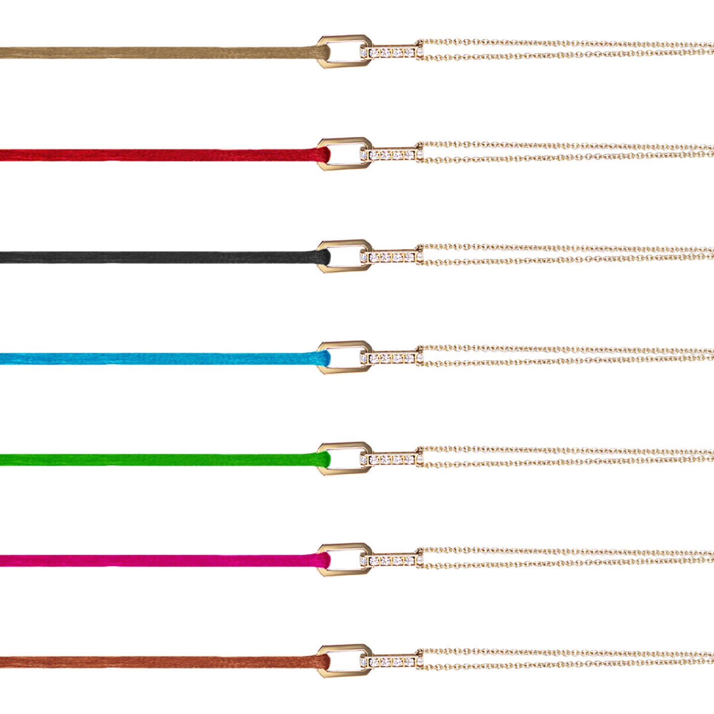 handcrafted and sustainable colorful satin lanyard and gold chain