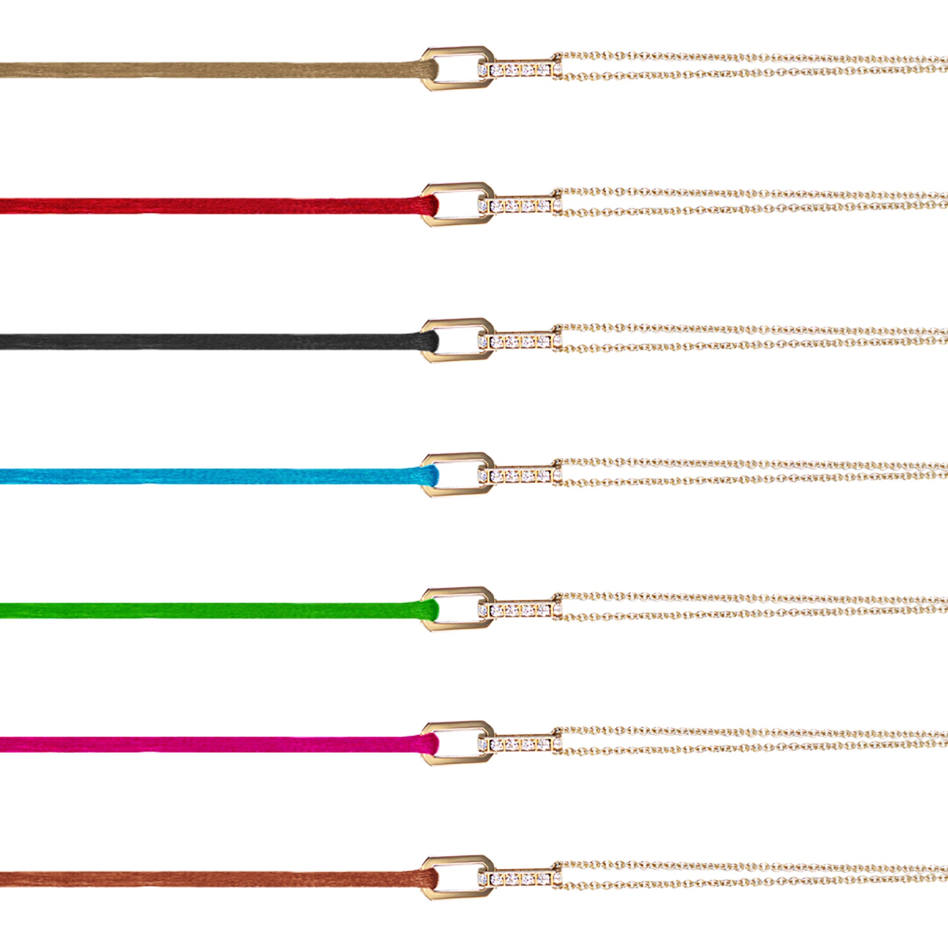 handcrafted and sustainable colorful satin lanyard and gold chain