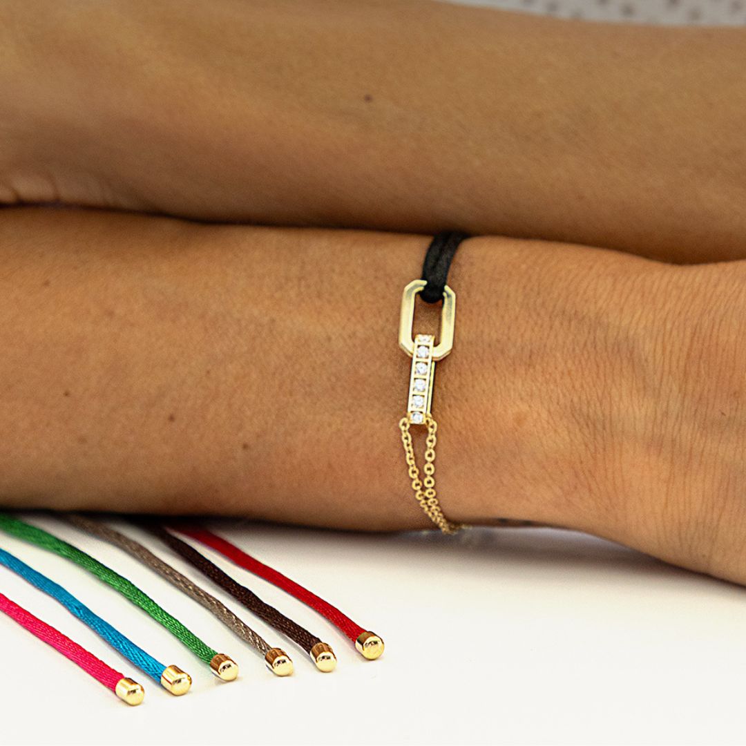 Gold Chain with Satin Lanyard Bracelet 18K Gold | Diamonds