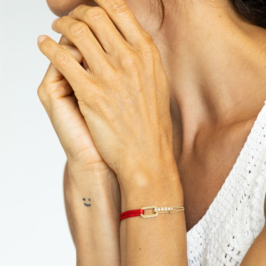 Gold Chain with Satin Lanyard Bracelet 18K Gold | Diamonds