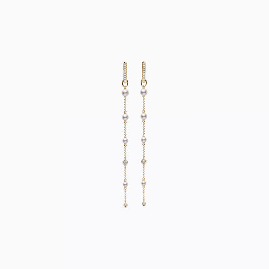 Fresh Water Graduated Pearl & Diamond Drop Hoop Earrings in 14K Gold