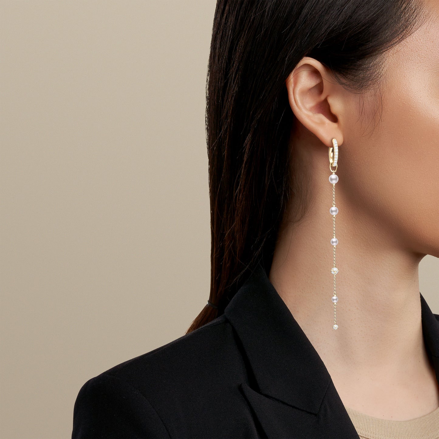 Fresh Water Graduated Pearl & Diamond Drop Hoop Earrings in 14K Gold