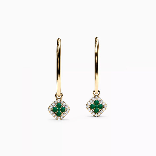 Shared Prong Drop Earrings in 14K Gold With Emeralds And Diamonds