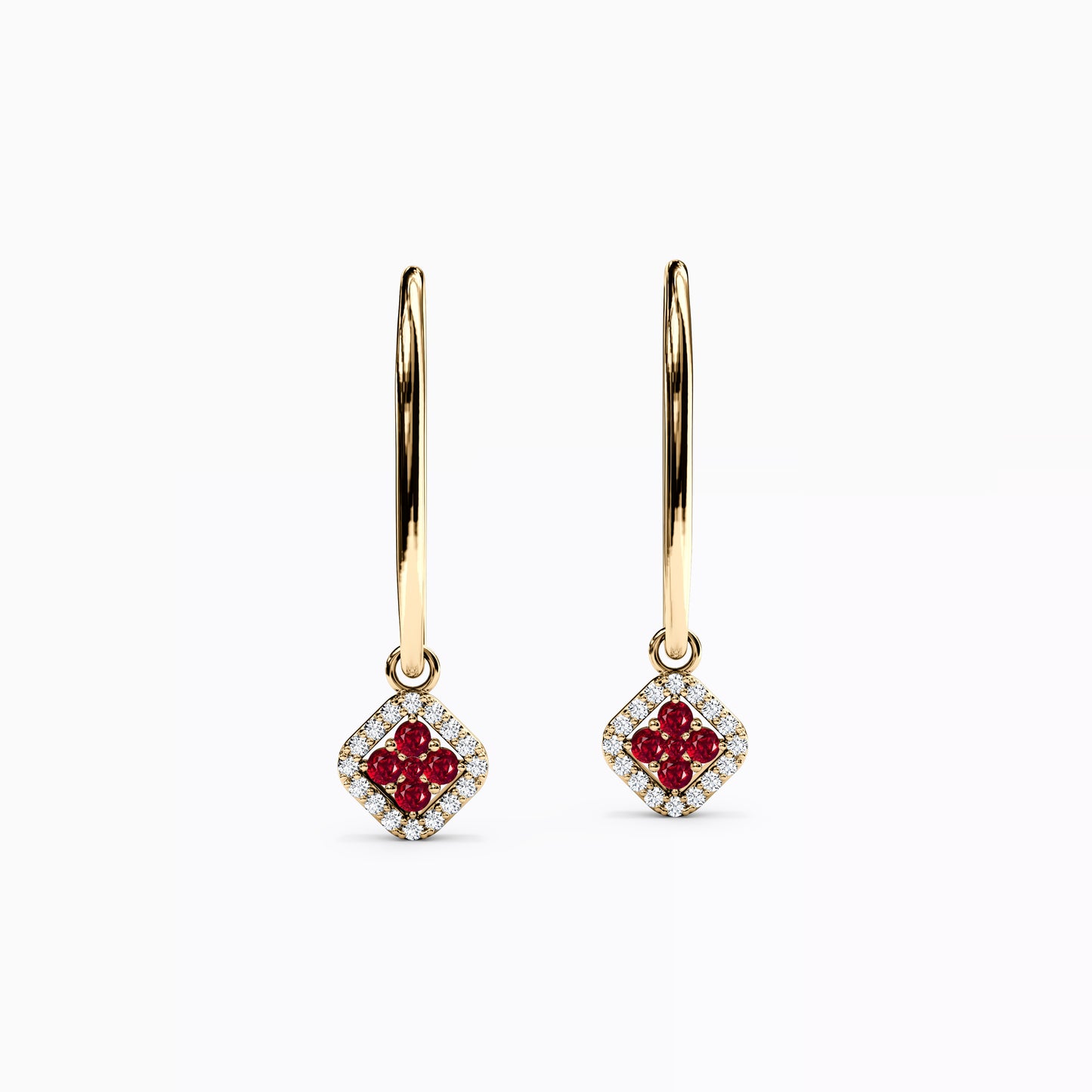 Shared Prong Drop Earrings in 14K Gold With Rubies And Diamonds