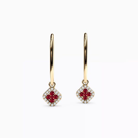 Shared Prong Drop Earrings in 14K Gold With Rubies And Diamonds