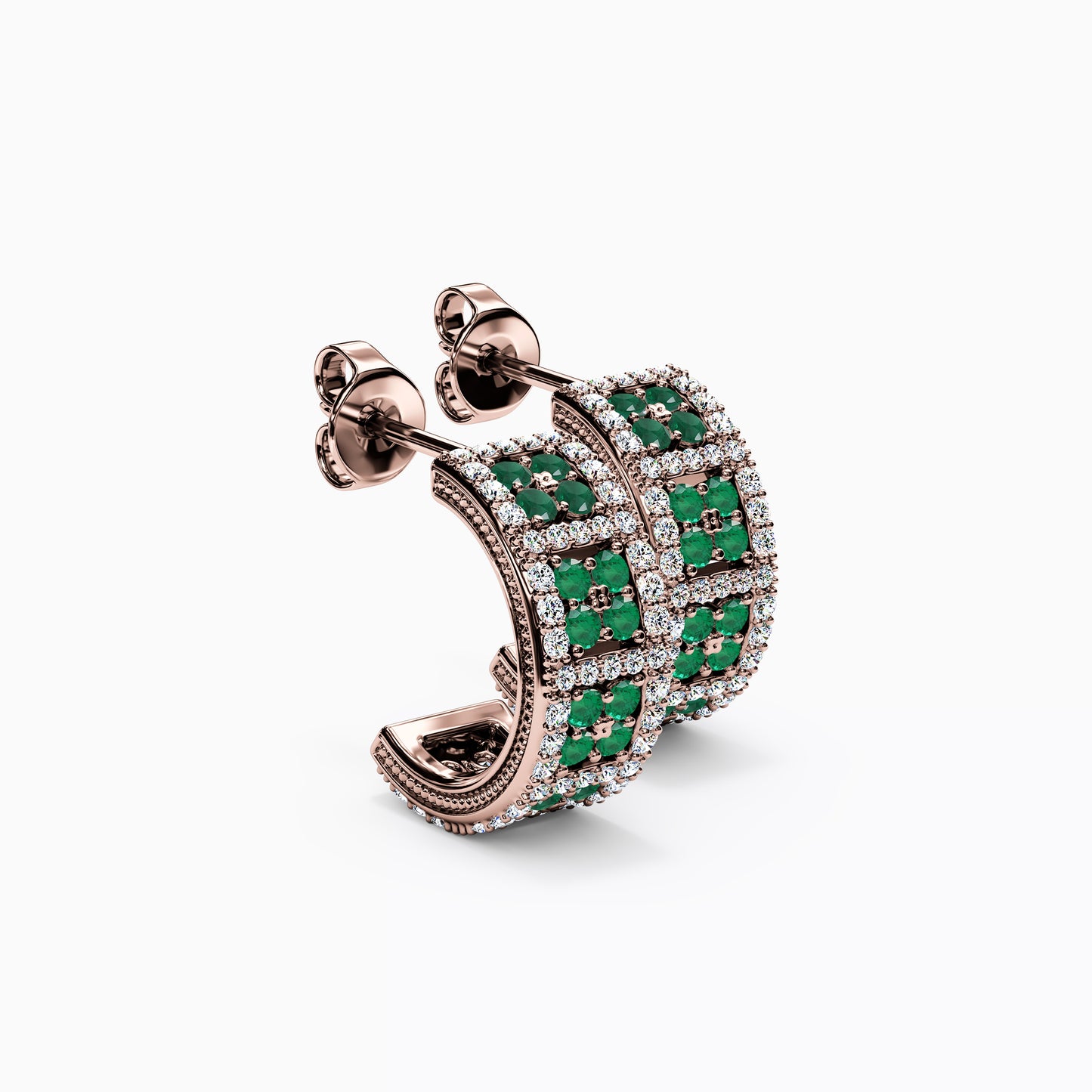 Shared Prong Detailed Edge Half-Hoop Earrings in 14K Gold With Emeralds And Diamonds