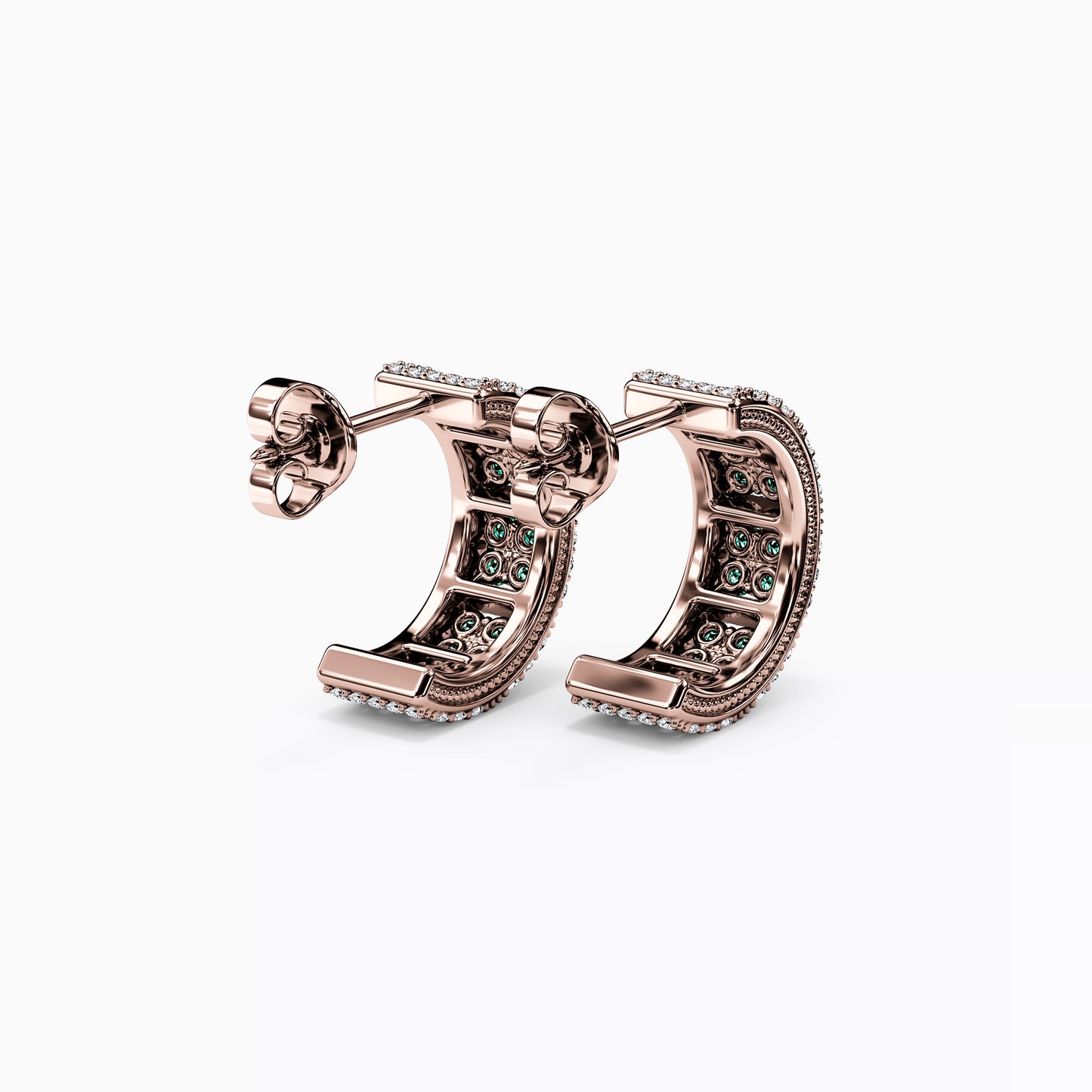 Shared Prong Detailed Edge Half-Hoop Earrings in 14K Gold With Emeralds And Diamonds