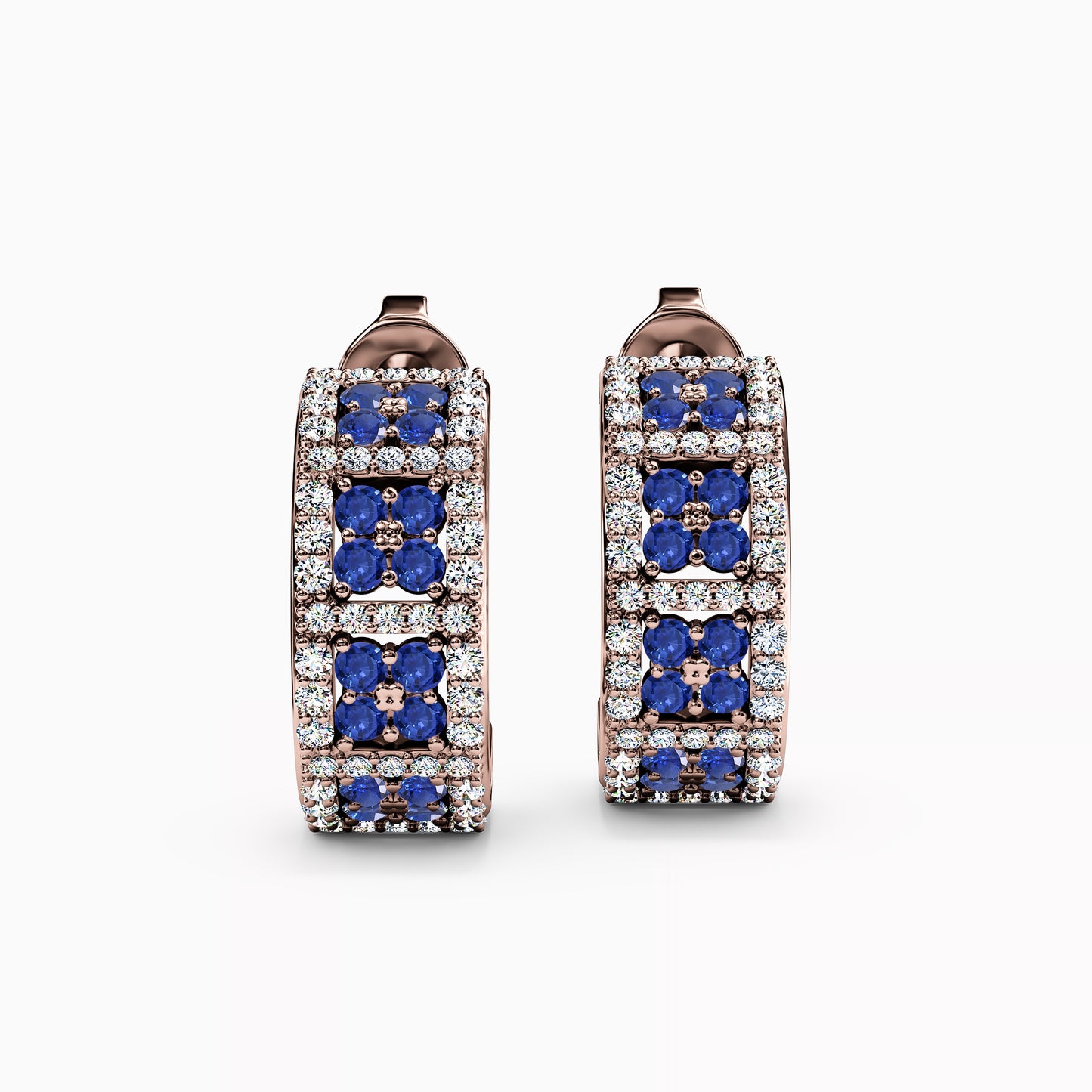 Shared Prong Detailed Edge Half-Hoop Earrings in 14K Gold With Sapphires And Diamonds