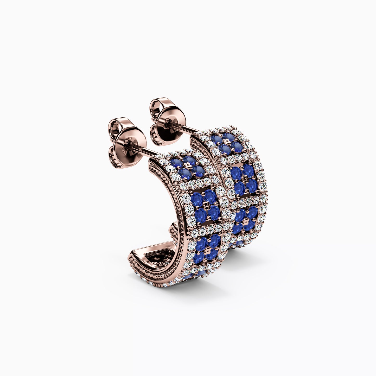 Shared Prong Detailed Edge Half-Hoop Earrings in 14K Gold With Sapphires And Diamonds