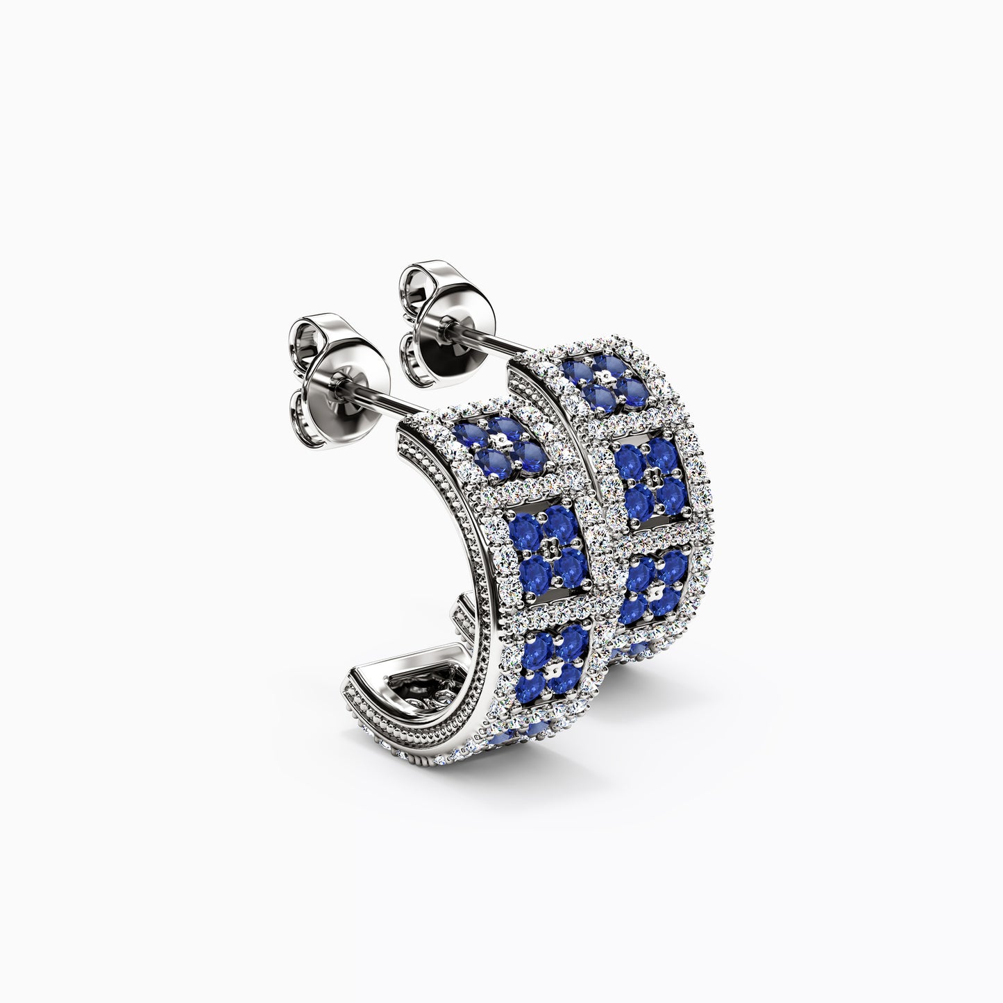 Shared Prong Detailed Edge Half-Hoop Earrings in 14K Gold With Sapphires And Diamonds