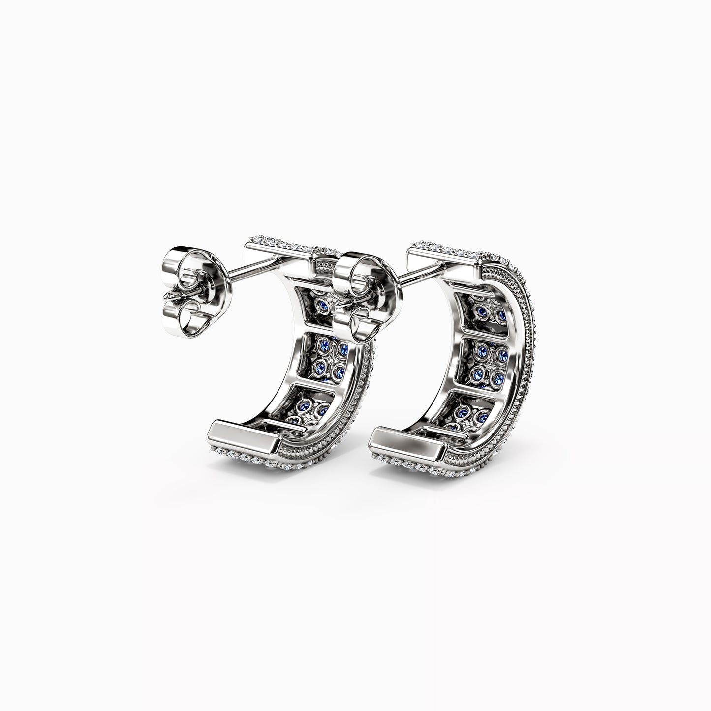 Shared Prong Detailed Edge Half-Hoop Earrings in 14K Gold With Sapphires And Diamonds