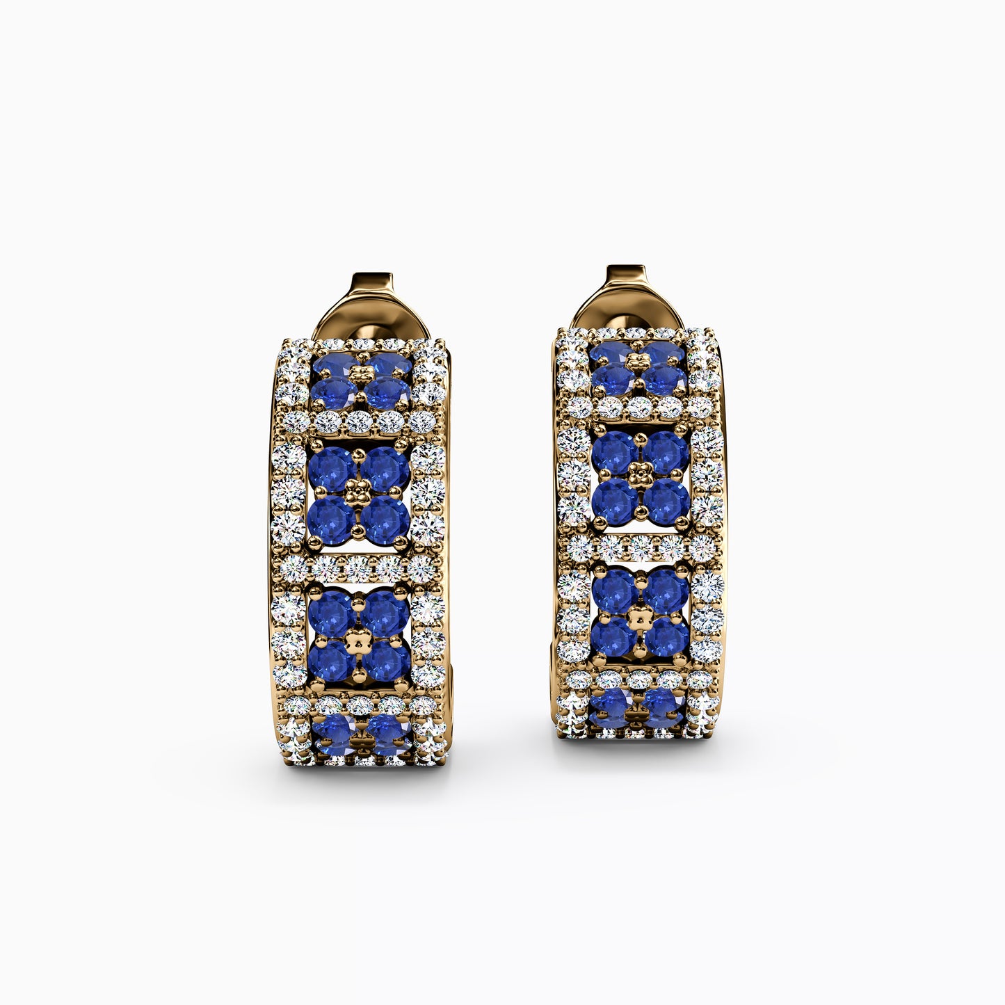 Shared Prong Detailed Edge Half-Hoop Earrings in 14K Gold With Sapphires And Diamonds