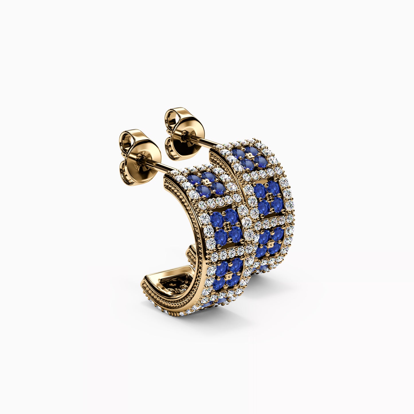 Shared Prong Detailed Edge Half-Hoop Earrings in 14K Gold With Sapphires And Diamonds