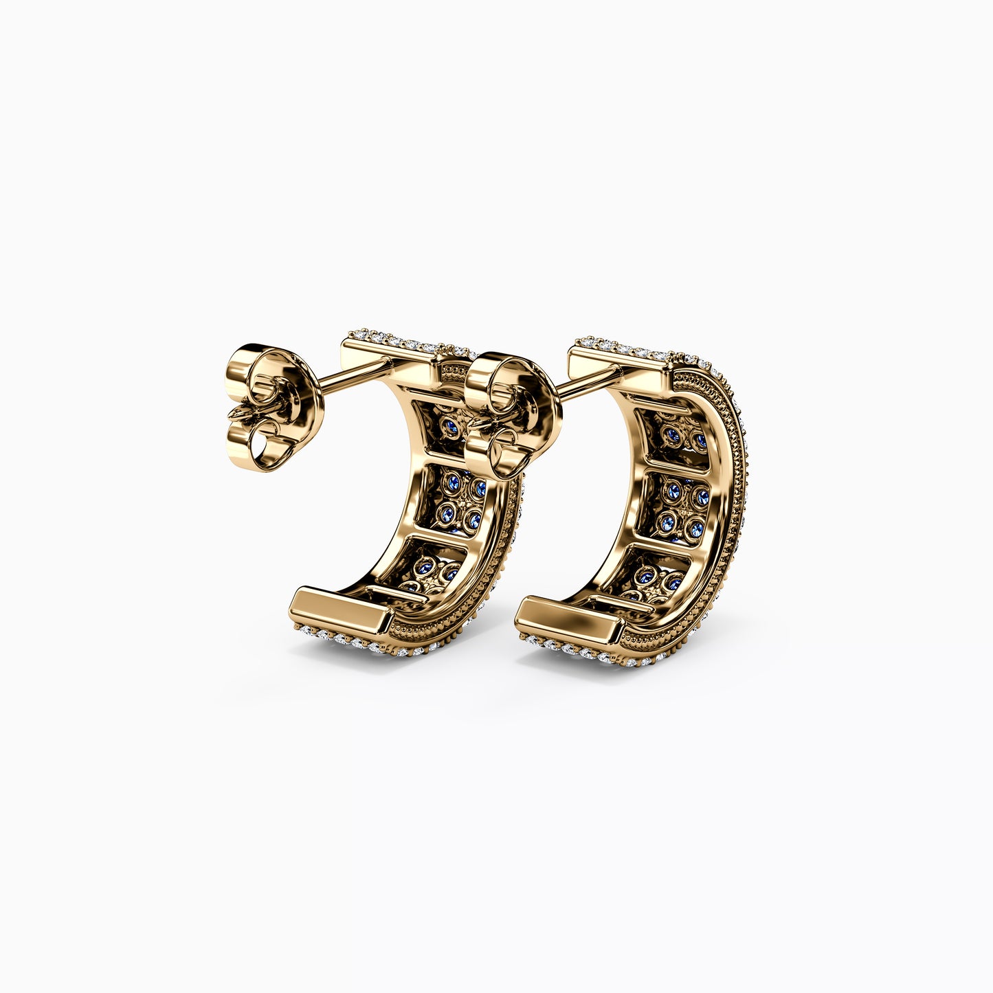 Shared Prong Detailed Edge Half-Hoop Earrings in 14K Gold With Sapphires And Diamonds