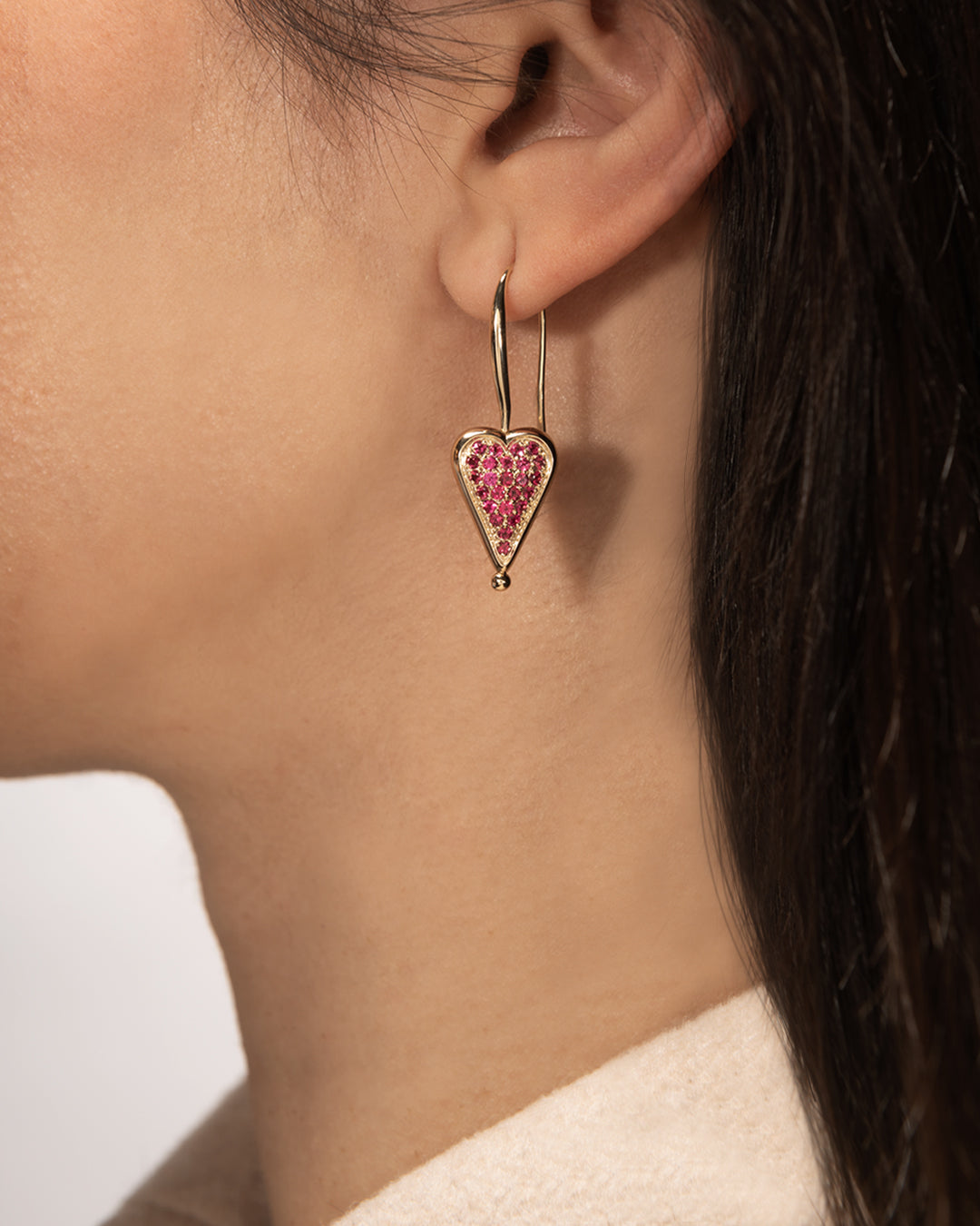 Rare Natural Red Spinel and Diamond Two Sided Spinning Heart Drop Earrings in 14K Gold