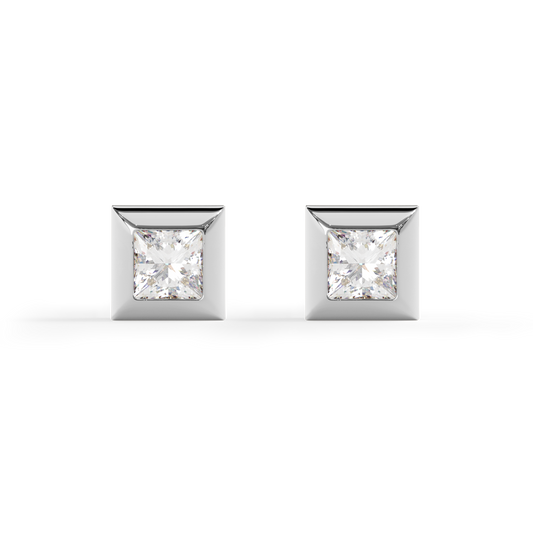 Geometric Textured Edge Stud Earrings | Platinum with Diamonds