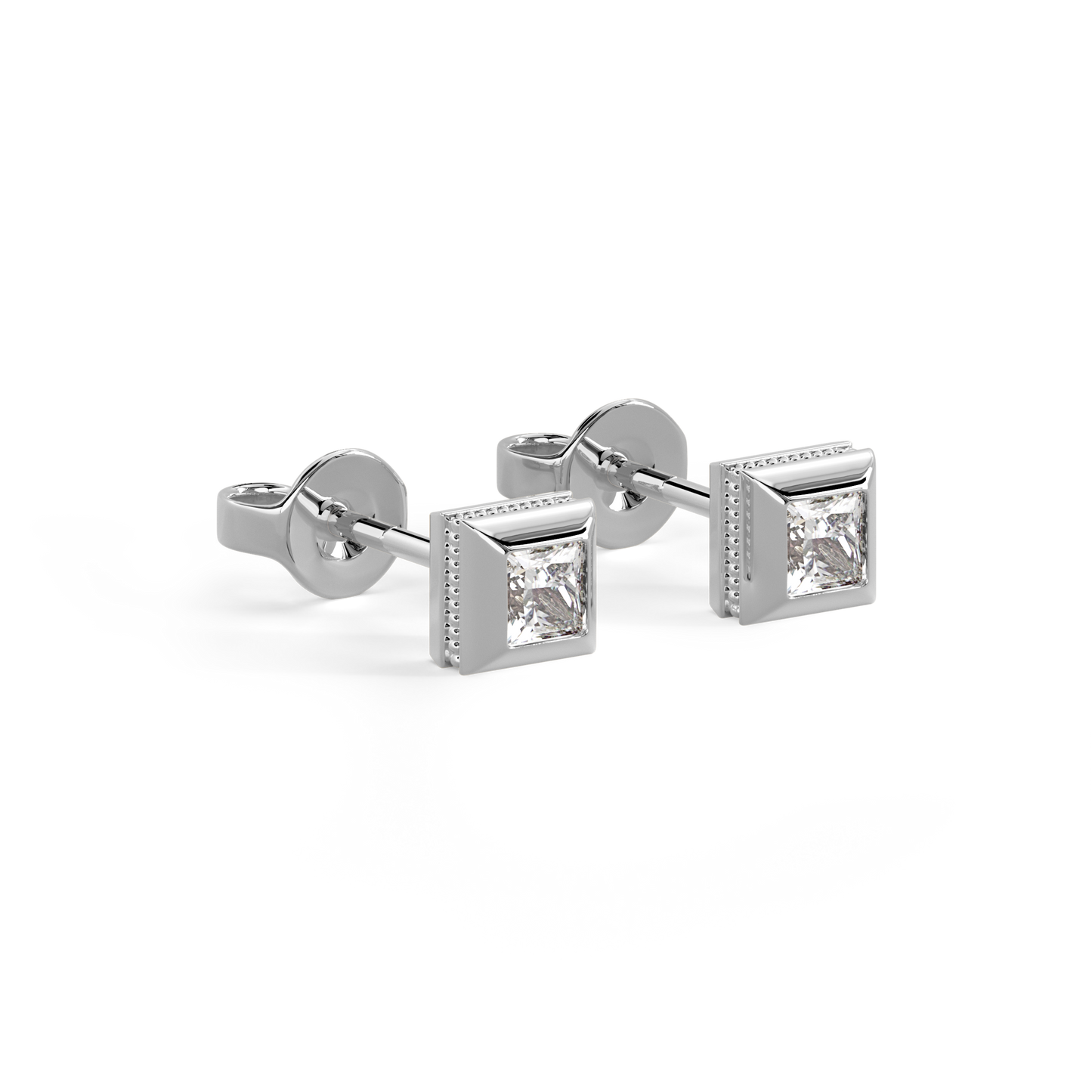 Geometric Textured Edge Stud Earrings | Platinum with Diamonds
