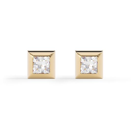 Geometric Textured Edge Stud Earrings | 18K Yellow Gold with Diamonds