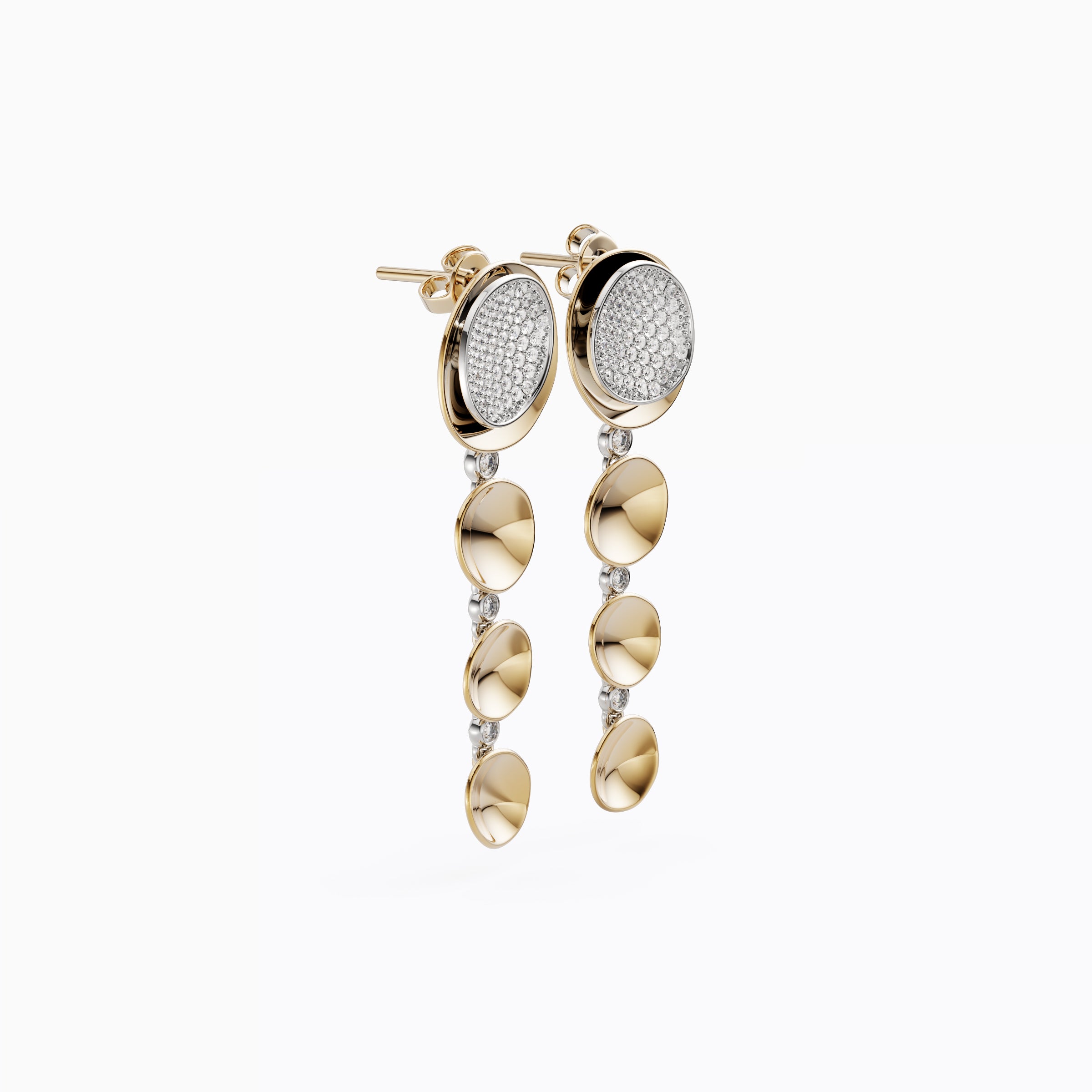 Boucles d'oreilles pendantes bicolores en or 18 carats et platine, serties de diamants flottants