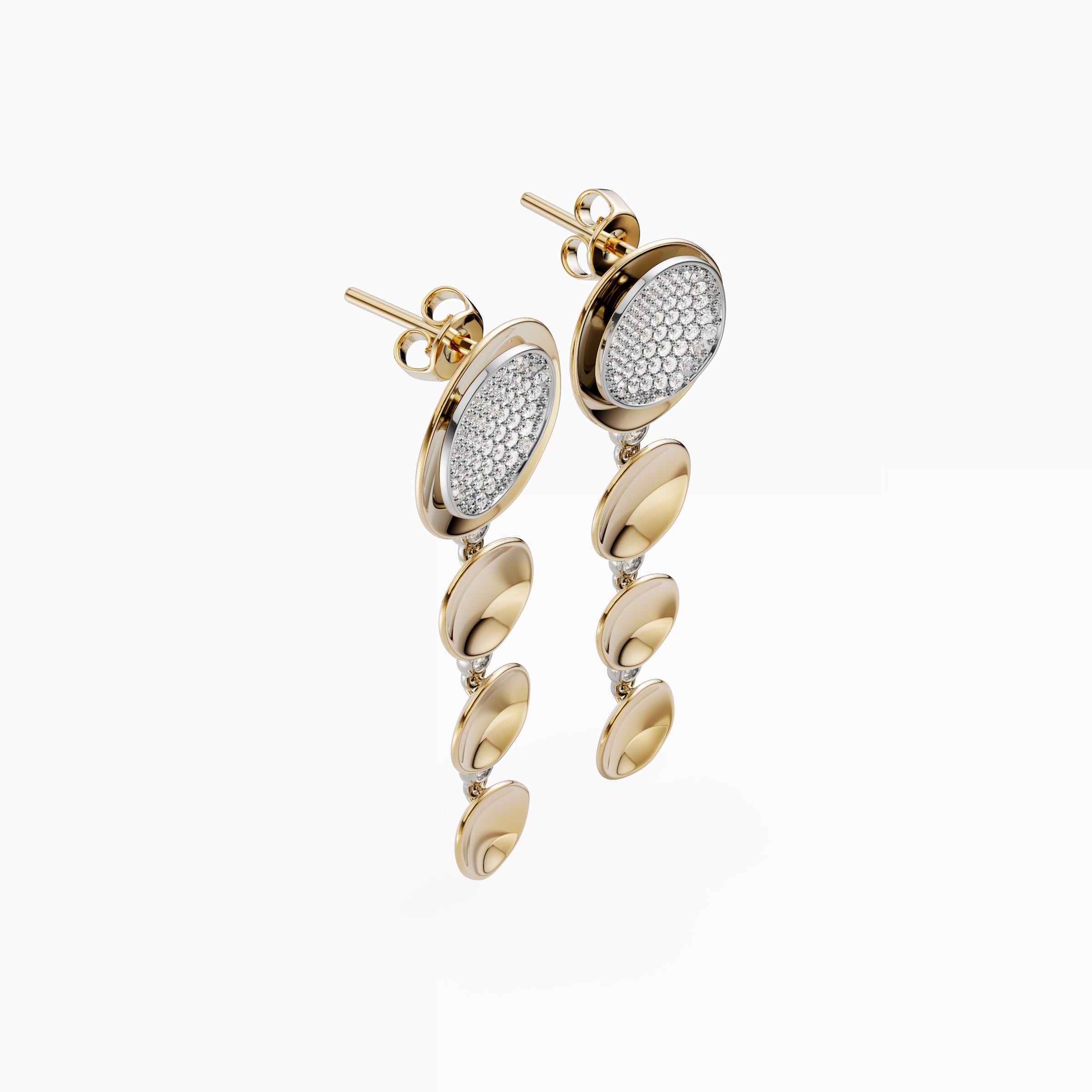 Boucles d'oreilles pendantes bicolores en or 18 carats et platine, serties de diamants flottants