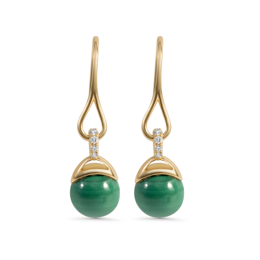 Malachite and Diamond Drop and Dangle Earrings | 14K Gold