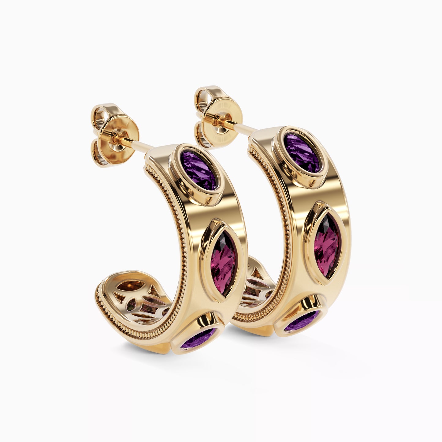 Milgrain Alternating Amethyst and Rhodolite Hoop Earrings in 18K Gold