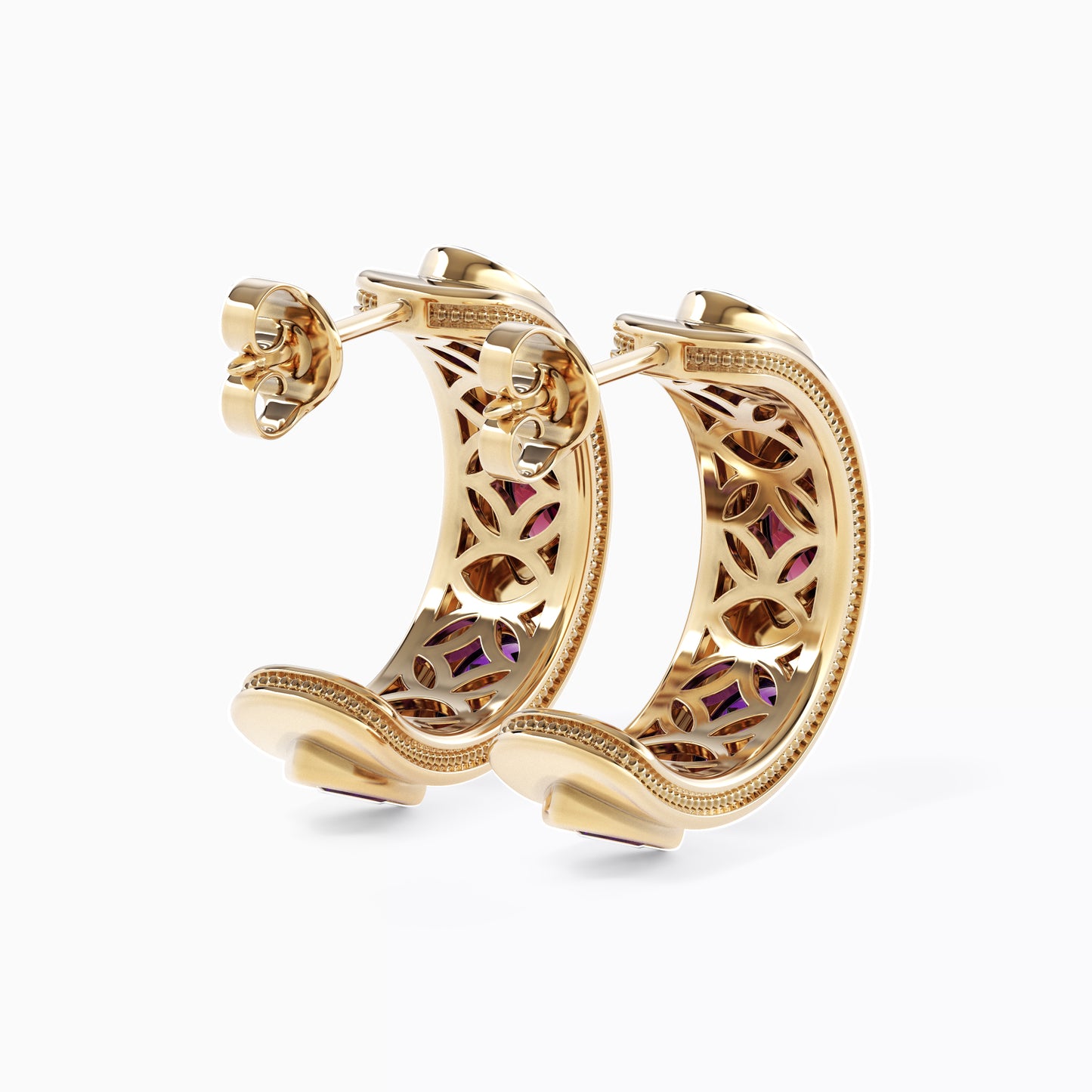 Milgrain Alternating Amethyst and Rhodolite Hoop Earrings in 18K Gold