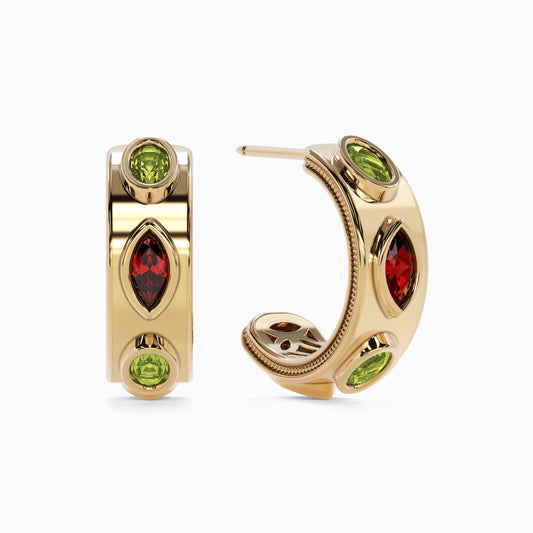 Milgrain Alternating Garnet and Peridot Hoop Earrings in 18K Gold