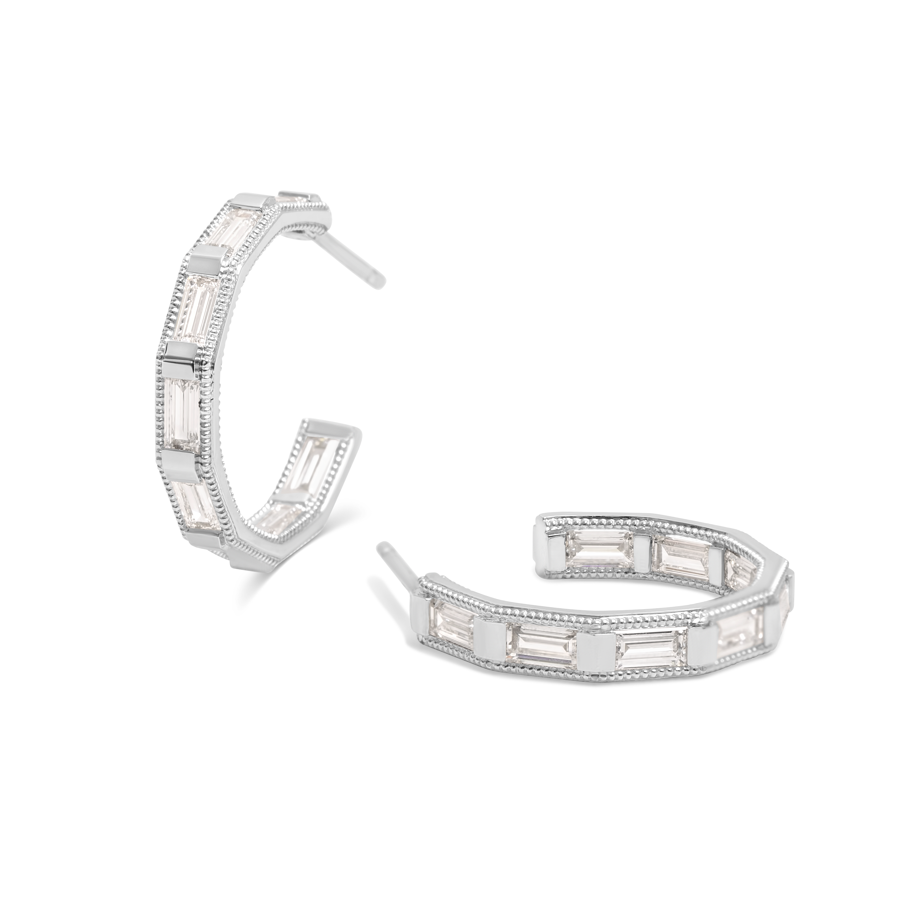 Emerald Cut Diamond Hoop Earrings | 18K Gold
