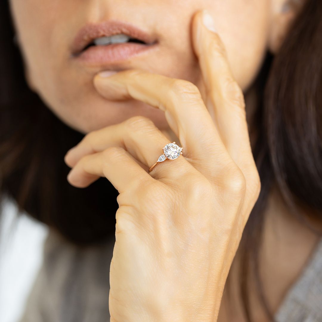 Three-stone round and pear diamond engagement ring | 14K Gold