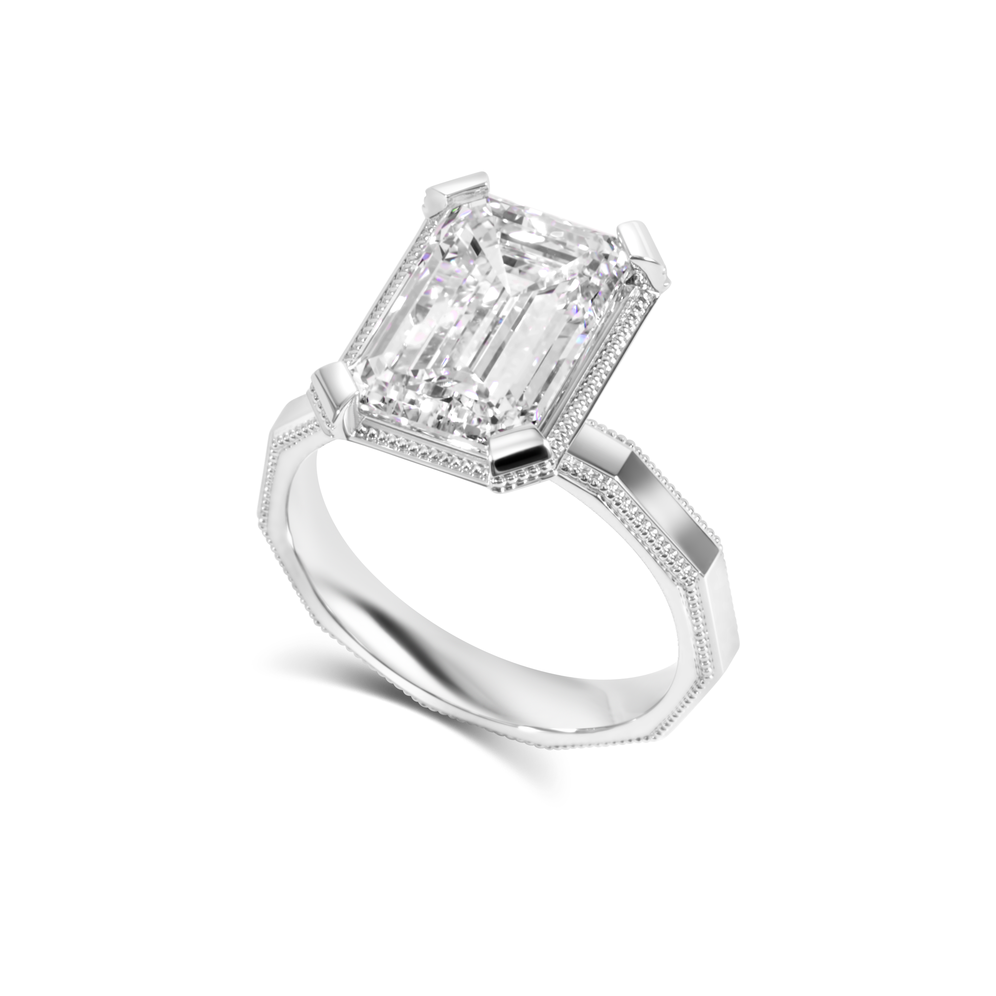 Emerald Cut Diamond Solitaire and Milgrain Detail Engagement Ring | 18K Gold