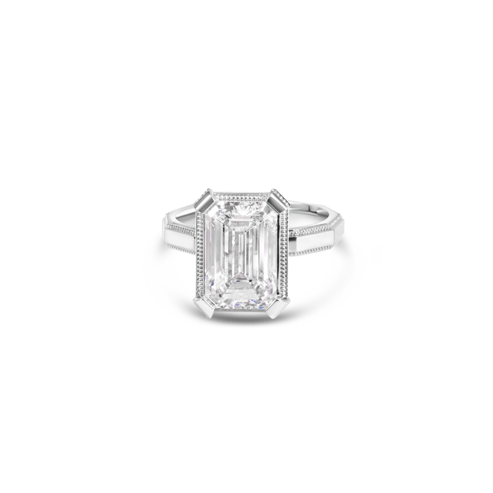 Emerald Cut Diamond Solitaire and Milgrain Detail Engagement Ring | 18K Gold