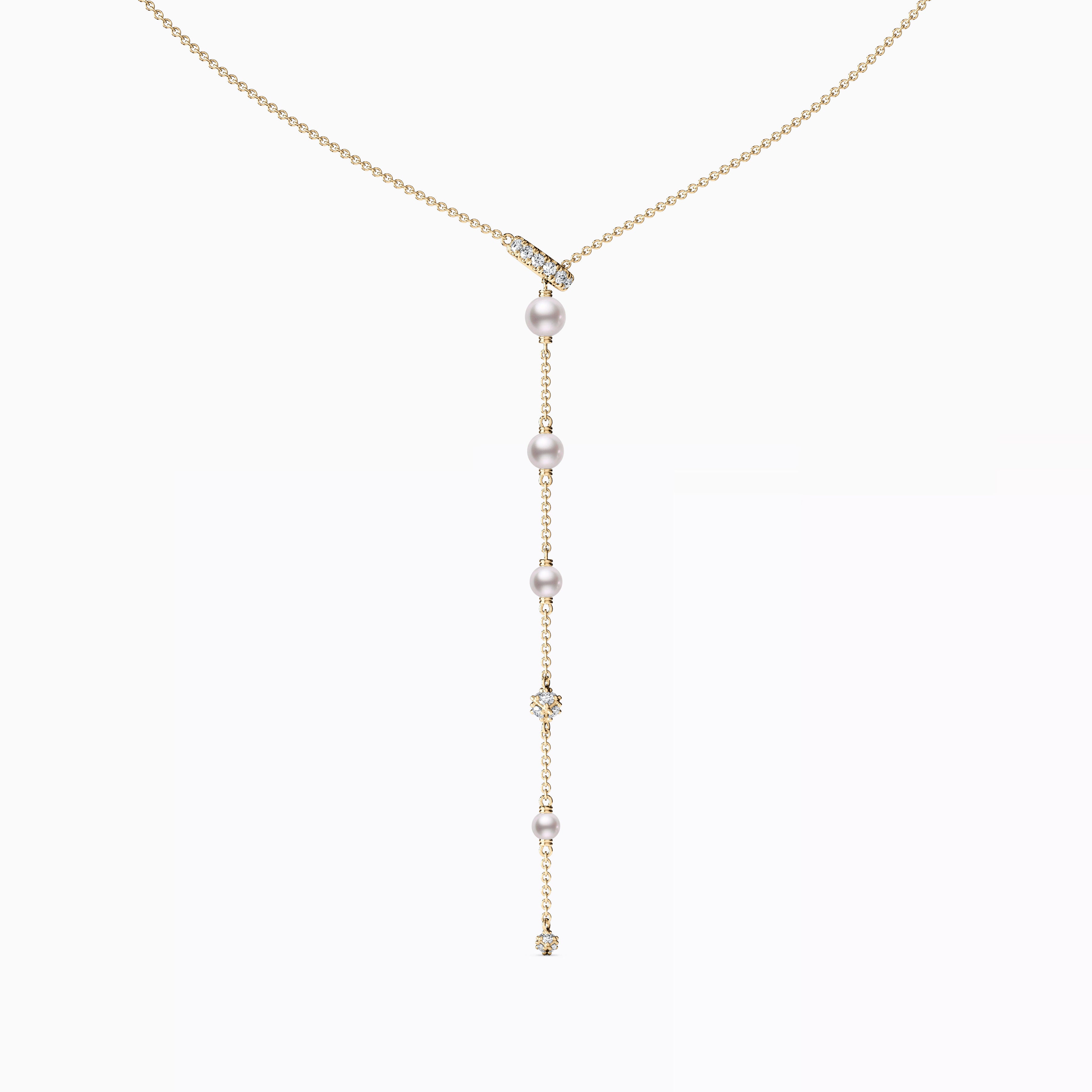 Fresh Water Graduated Pearl & Diamond Drop Necklace | 14K Gold