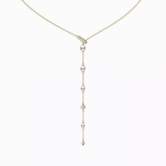 Fresh Water Graduated Pearl & Diamond Drop Necklace in 14K Gold