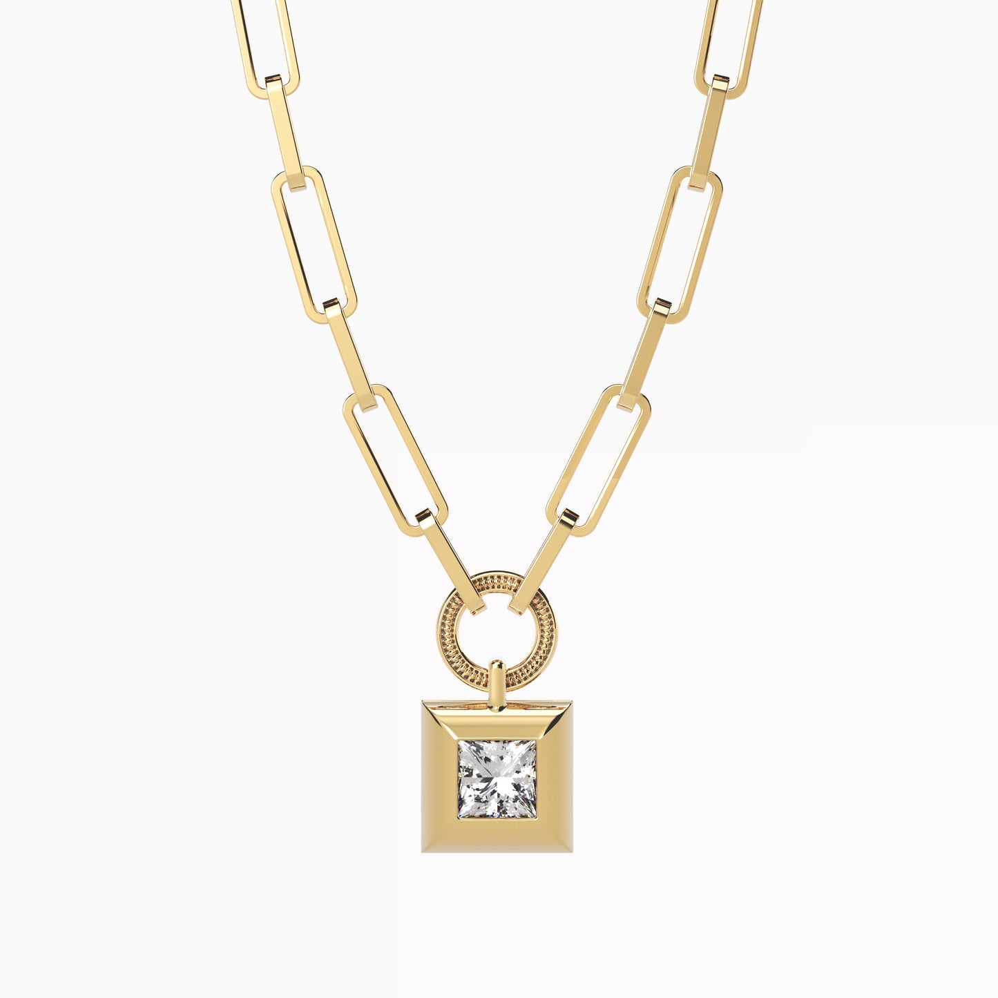 Paper Clip Necklace with Geometric Drop in 18K Yellow Gold with Diamond