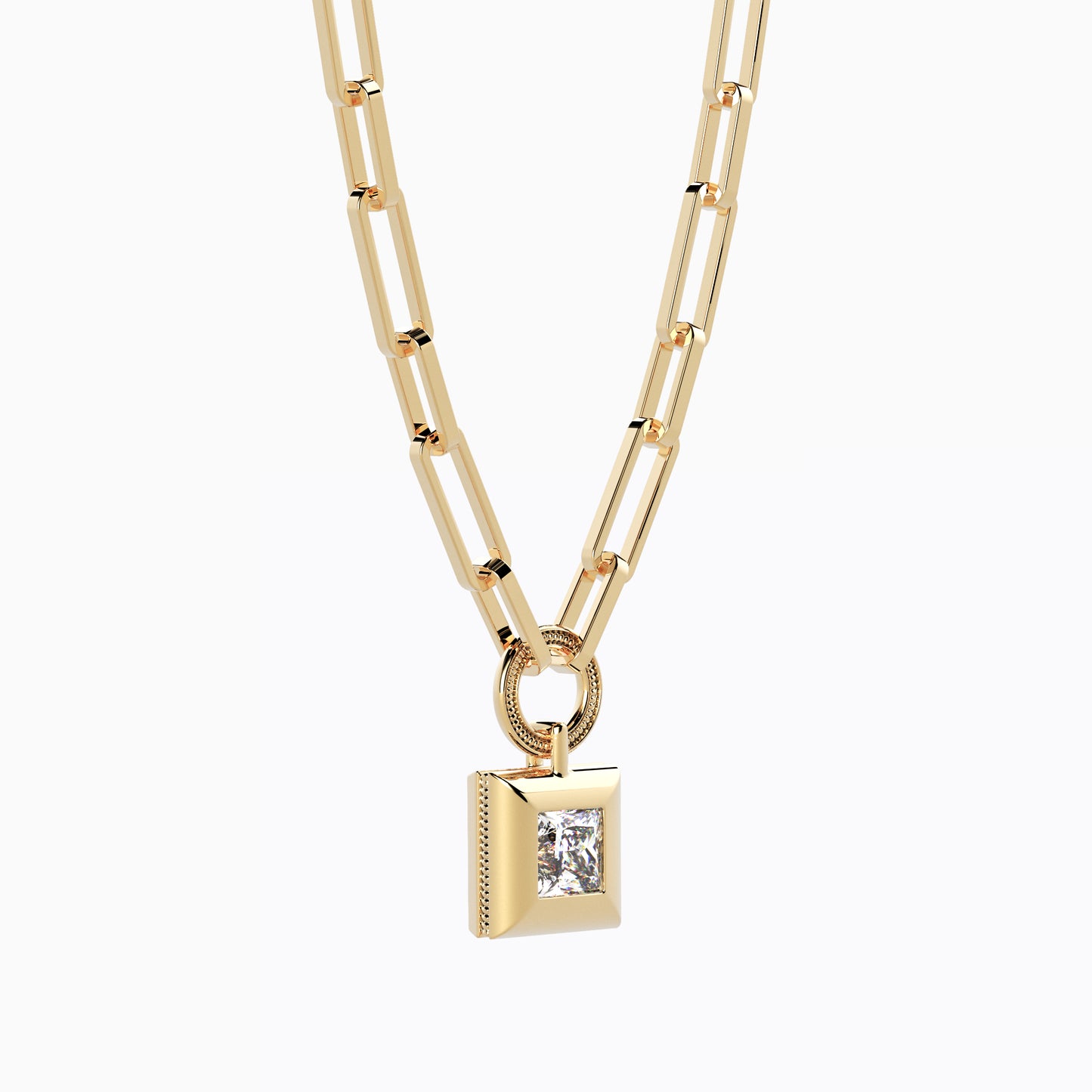 Paper Clip Necklace with Geometric Drop in 18K Yellow Gold with Diamond