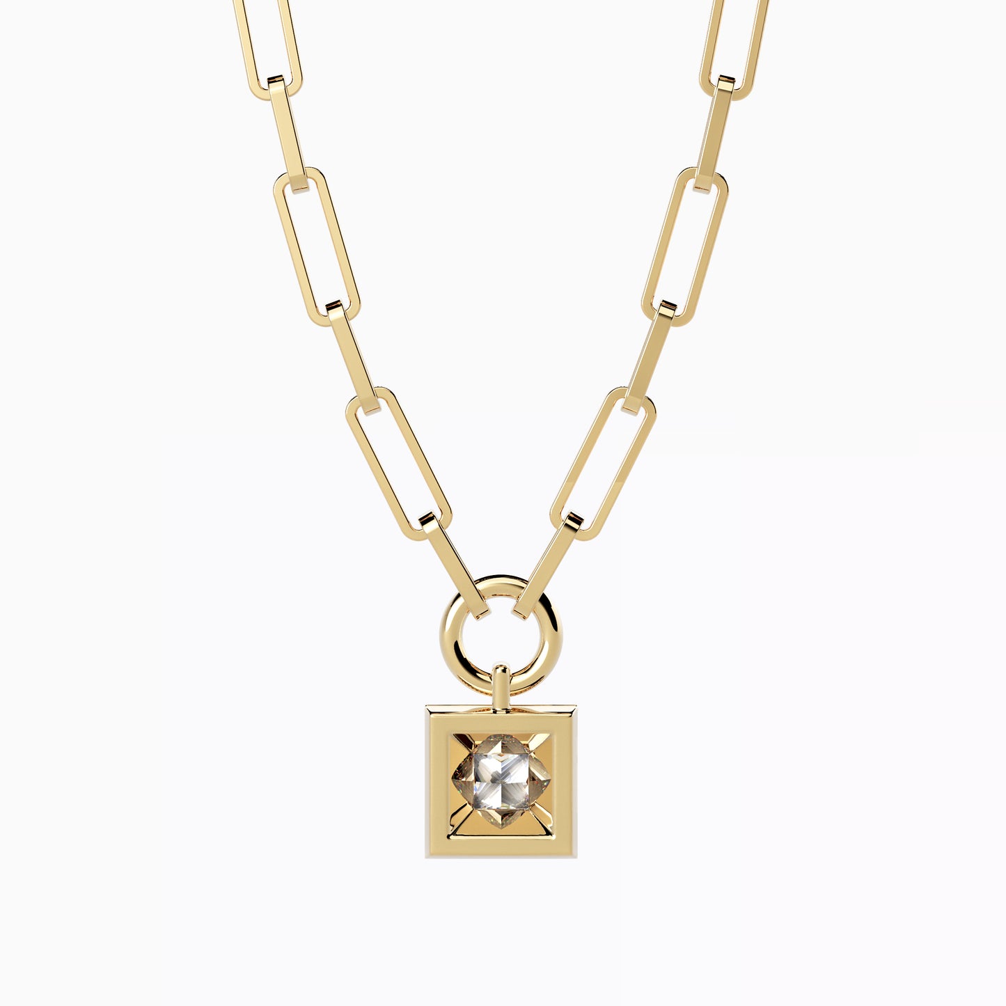 Paper Clip Necklace with Geometric Drop in 18K Yellow Gold with Diamond