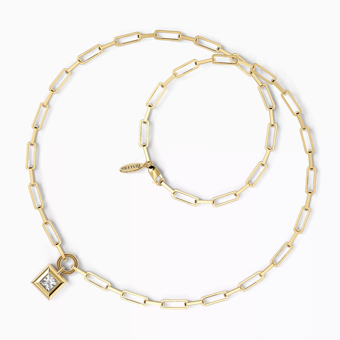 Paper Clip Necklace with Geometric Drop in 18K Yellow Gold with Diamond