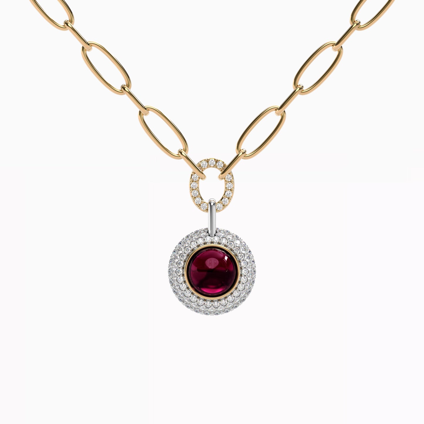 Puffed Diamond Halo Rhodolite Necklace | 18K Gold and Platinum
