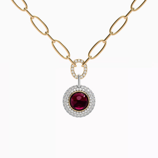 Puffed Diamond Halo Rhodolite Necklace | 18K Gold and Platinum