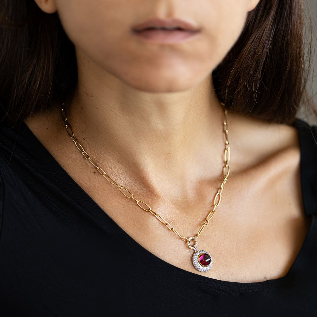 Puffed Diamond Halo Rhodolite Necklace | 18K Gold and Platinum