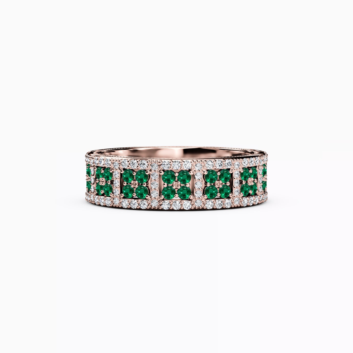 Shared Prong Detailed Edge Ring in 14K Gold With Emeralds and Diamonds