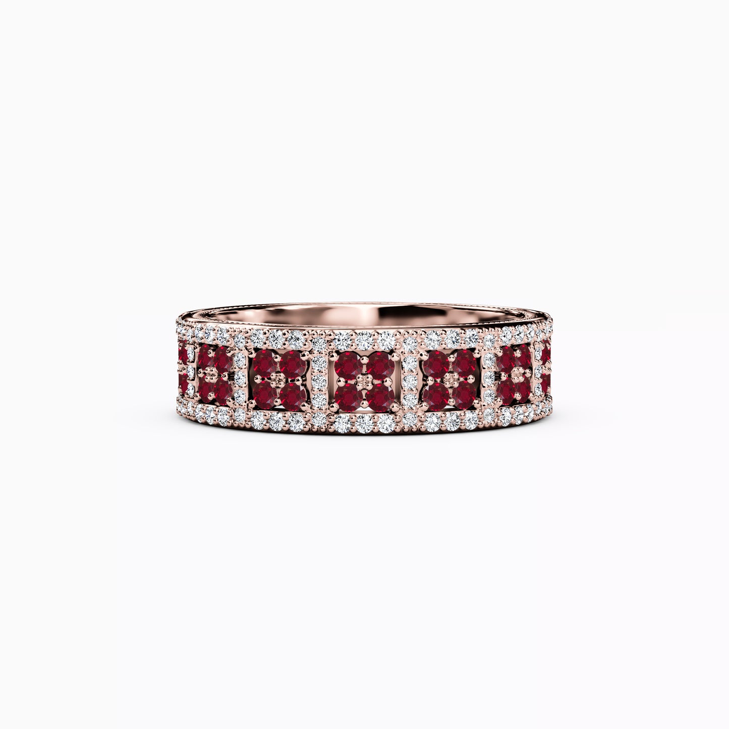Shared Prong Detailed Edge Ring in 14K Gold With Rubies and Diamonds