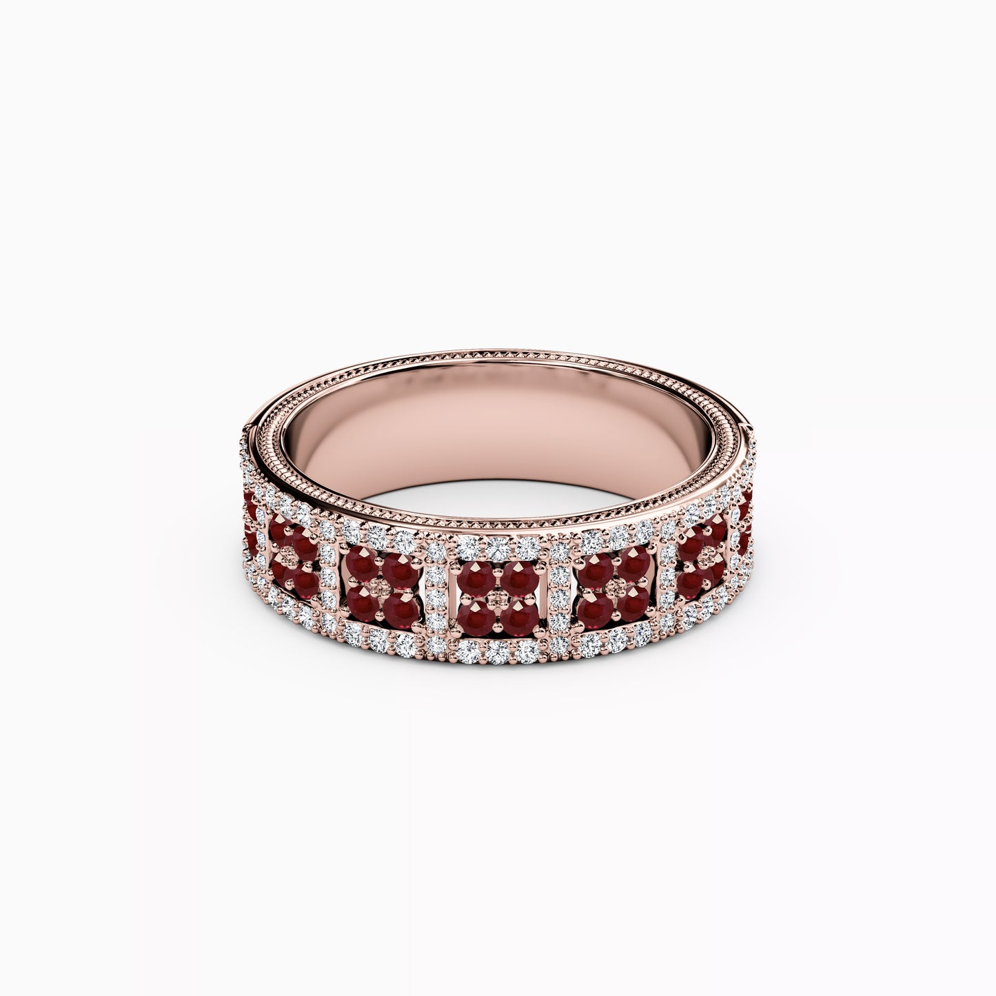 Shared Prong Detailed Edge Ring in 14K Gold With Rubies and Diamonds