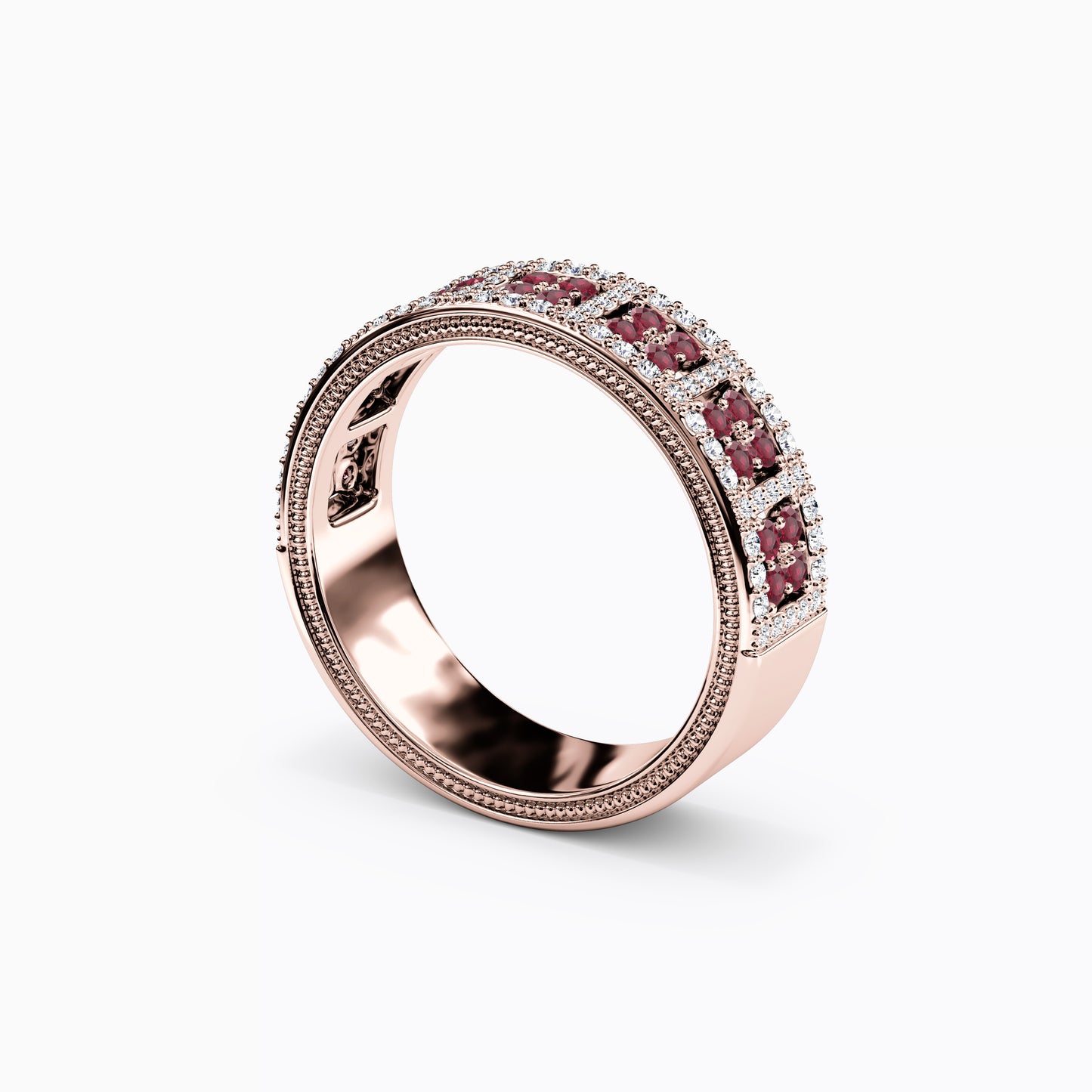 Shared Prong Detailed Edge Ring in 14K Gold With Rubies and Diamonds