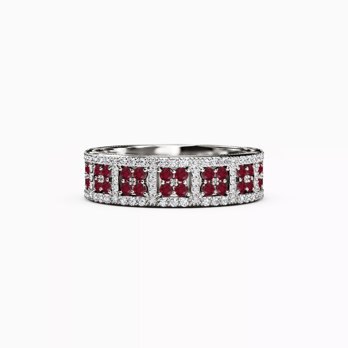 Shared Prong Detailed Edge Ring in 14K Gold With Rubies and Diamonds