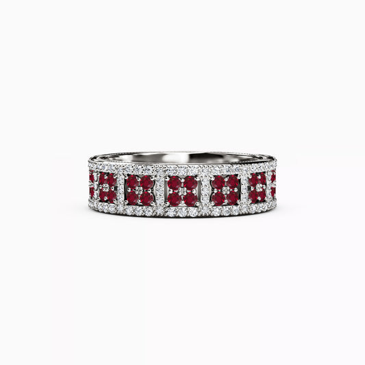 Shared Prong Detailed Edge Ring in 14K Gold With Rubies and Diamonds