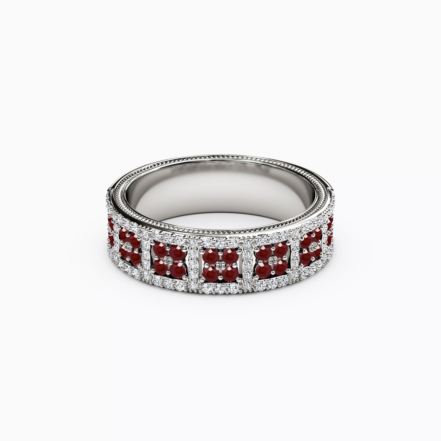 Shared Prong Detailed Edge Ring in 14K Gold With Rubies and Diamonds